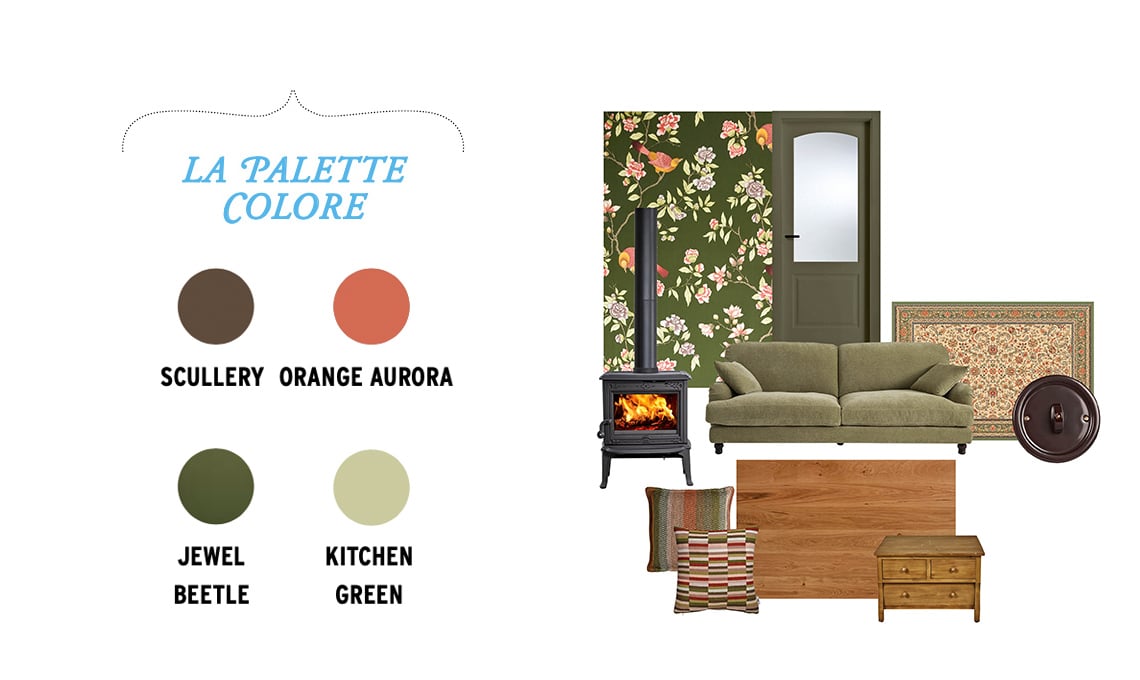 NELLA MOODBOARD: Carta da parati Aderyn con fiori e uccellini [Little Greene, € 195 il rollo da cm 52x10 m]. Porta Kevia/3 in laccato Oliva Light ultraopaco con cristallo satinato bianco [FerreroLegno, cm 80x210h € 1.530]. Lampada Country in ottone e vetro soffiato [Il Fanale, ø cm 34 prezzo dal rivenditore]. Tappeto Hali, disegno floreale in rosso, verde e beige [Sitap, cm 137x195 € 222]. Placca interruttore in ceramica marrone Country [Fanton, ø cm 12,5h € 32,49]. Divano Noon in verde eucalipto [La Redoute, cm 187x102x81h € 1.439]. Tavolino Damparis con tre cassetti in pino e abete [Loberon, cm 67x67x45,5h € 298]. Parquet a 2 strati Classica Rovere Puro [Listone Giordano, prezzo su richiesta]. Cuscini Fri Harvest e Ida in verde oliva e bordeaux con fantasie geometriche [Røros Tweed, cm 60x60 € 164 cm 50x50 € 114]. Stufa a legna F 100 Eco.2 LL SE ad alta resa calorica e dalle dimensioni compatte [Jøtul, cm 65,8x44,5x52,8h prezzo dal rivenditore]. PALETTE COLORE Little Greene