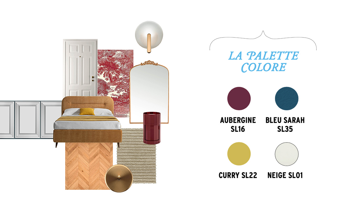 NELLA MOODBOARD: Pannello Mirabilia per porte blindate, pantografato e laccato [Garofoli, cm 100x220h max da € 439]. Tappezzeria panoramica Salcey in bianco e borgogna [Masureell, in pannelli da cm 300x508 € 85,56/mq]. Applique Sinua in metallo finitura oro con diffusore in vetro satinato [Italamp, cm 24x9x38h € 701]. Specchio Jinia con cornice in metallo dorato [La Redoute, cm 100x160h € 349]. Comodino su ruote Facet color burgundy dal profilo sfaccettato [Hay, cm 38x66h € 185]. Tappeto Ines Reed in misto lana e lino lavorato in rilievo [Kasthall, cm 124x200 da € 2.545]. Interruttore con leva Iris Horizon in ottone color Bronzo Antico [Modelec, ø cm 8 € 168,60]. Parquet Star Rovere Naturale per posa a spina a 45° [Woodco, cm 9x51 € 85,30]. Boiserie Classic con cornici in duropolimero [Decorinterni, cm 40x1,9x55h € 25,99]. Letto Smile con testata impunturata e rivestito in tessuto giallo [Perdormire, cm 186x207x123h € 1.008]. PALETTE COLORI Ressource