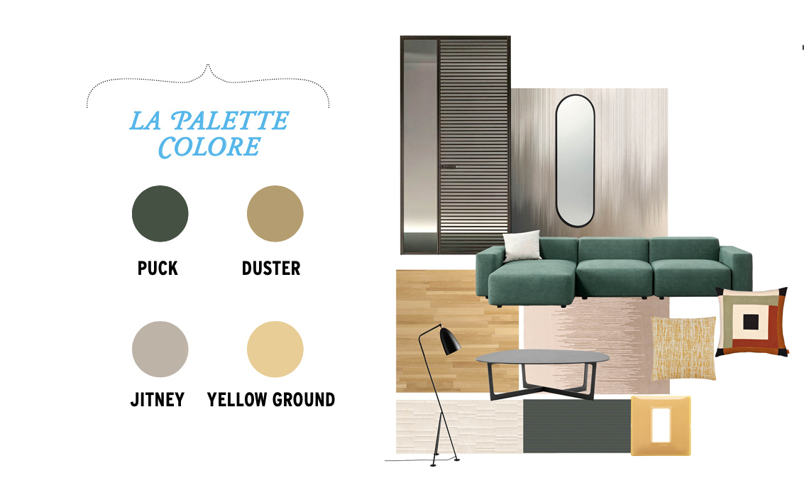 NELLA MOODBOARD: Porta Even con traversi brown e vetro grigio trasparente [Rimadesio, su progetto]. Tappezzeria Waterfall in WP/ Smooth TNT 100% ecologico [Wallpepper € 114/mq]. Specchio Angui con cornice antracite [Aytm, cm 50x160h € 429]. Divano Avenue in tessuto verde bosco [Novamobili, cm 350x100/140x70h da € 4.438]. Cuscino Border Patchwork [Ferm Living, cm 50x50 € 69]. Cuscino Flair dal disegno melange 3D [Lanerossi, cm 50x50 € 69]. Placca Plana Reflex Ambra [Vimar, cm 8x8 da € 14,84]. Piastrelle Victorian Stone qui Domino Moon Cream e Forest Green [Iris Ceramica, cm 40x120 € 93,45/mq]. Piantana Grasshoppa in nero [Gubi, ø cm 43,5x125,5h € 899]. Parquet D-Plank Oak Wash in Rovere tranciato e verniciato coll. Diesel Living [Berti € 91/mq]. Tappeto Reed in misto lana in bianco e grigio [Ditre Italia, da cm 200x300 da € 2.289]. Tavolino Insula in alluminio [Fredericia, cm 121x118x38h € 2.652]. PALETTE COLORI Little Greene